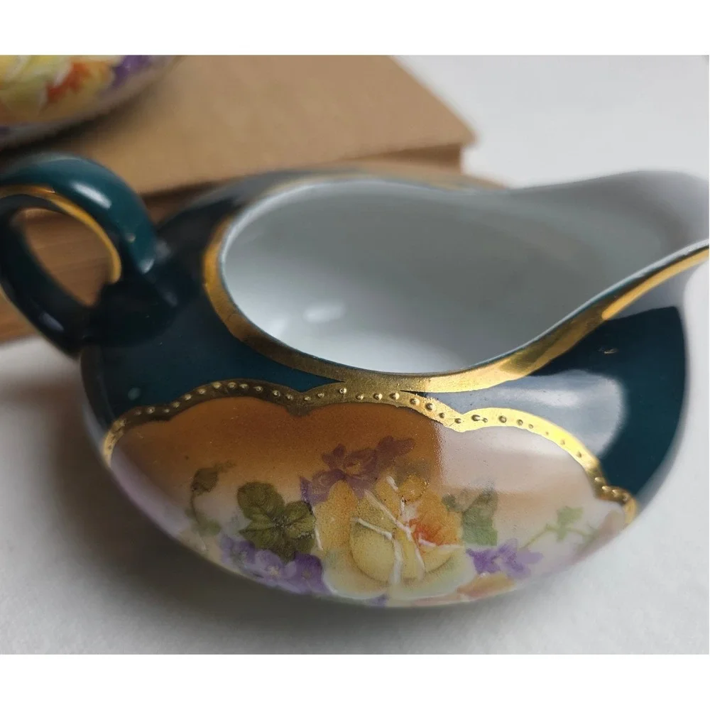 Vintage 1900s Bavaria Germany Hand Painted Floral Porcelain Creamer & Sugar Set